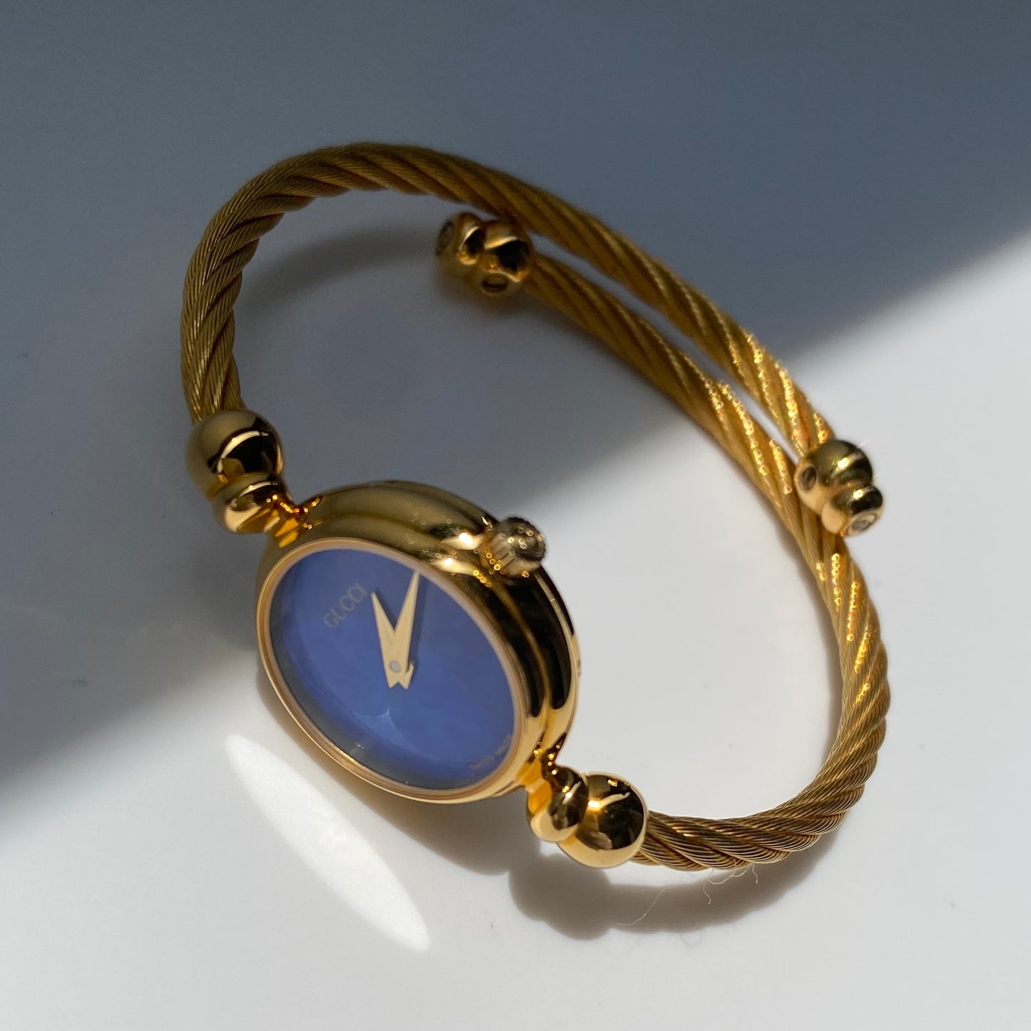 Gucci 1990s Blue Dial Gold Plated Cable Bangle Watch
