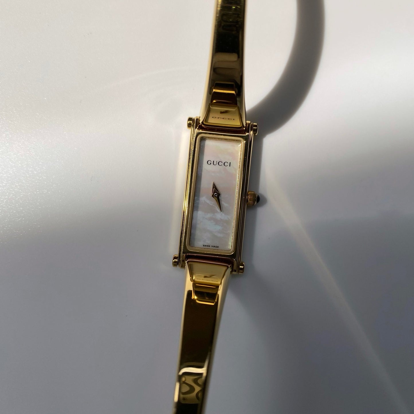 Gucci 1990s Seashell Dial Rectangular Gold Plated Bangle Watch