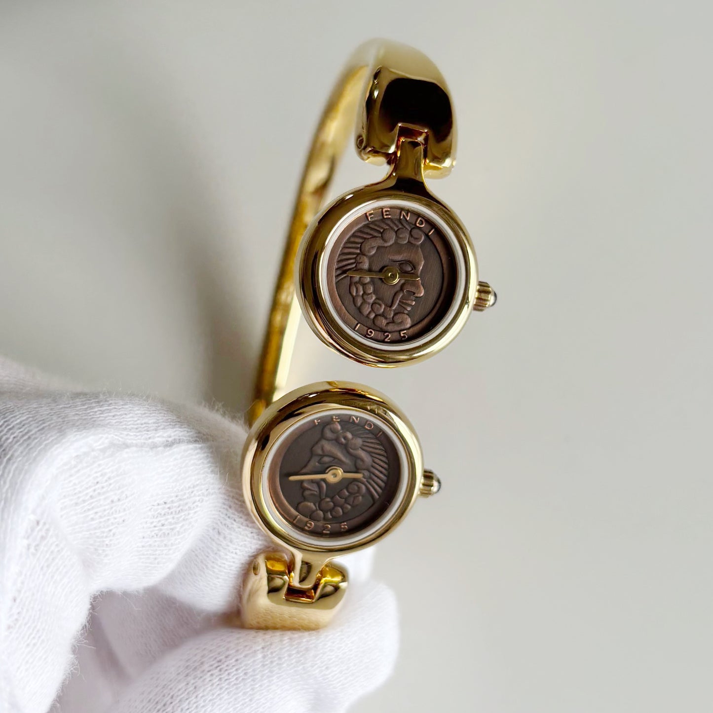 Fendi 1990s Seashell Dial Two Time Zone Gold Plated Bangle Watch