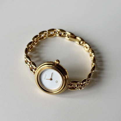 Gucci 1990s Interchangeable Bezel Gold Plated Rice Chain Watch with 6 bezels, case (165mm)