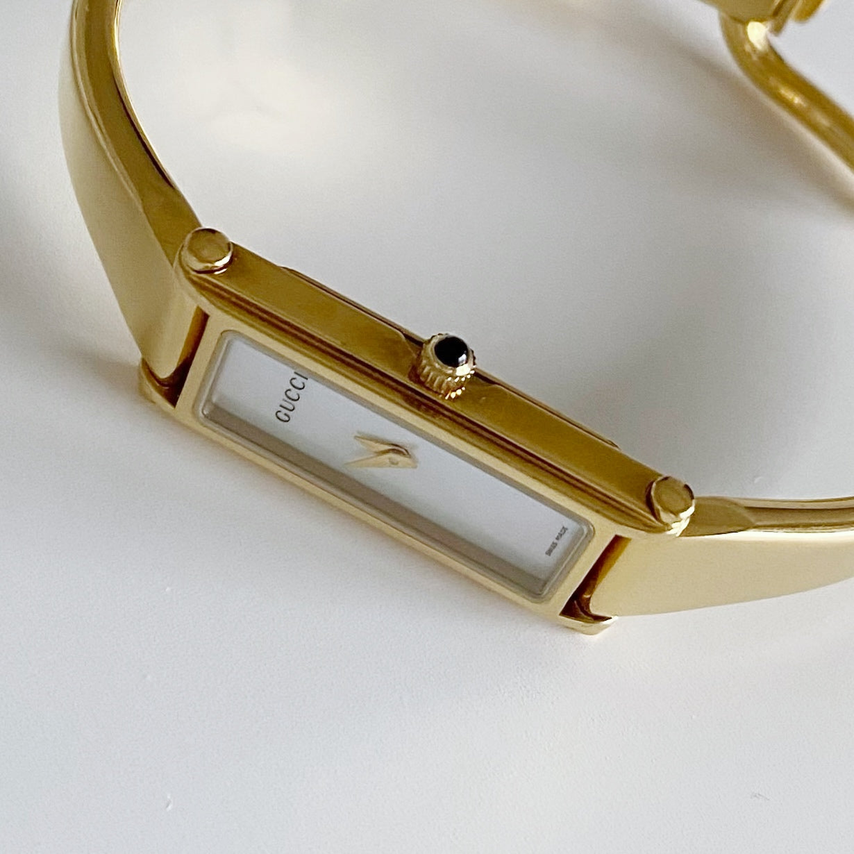 Gucci 1990s Seashell Dial Rectangular Gold Plated Bangle Watch