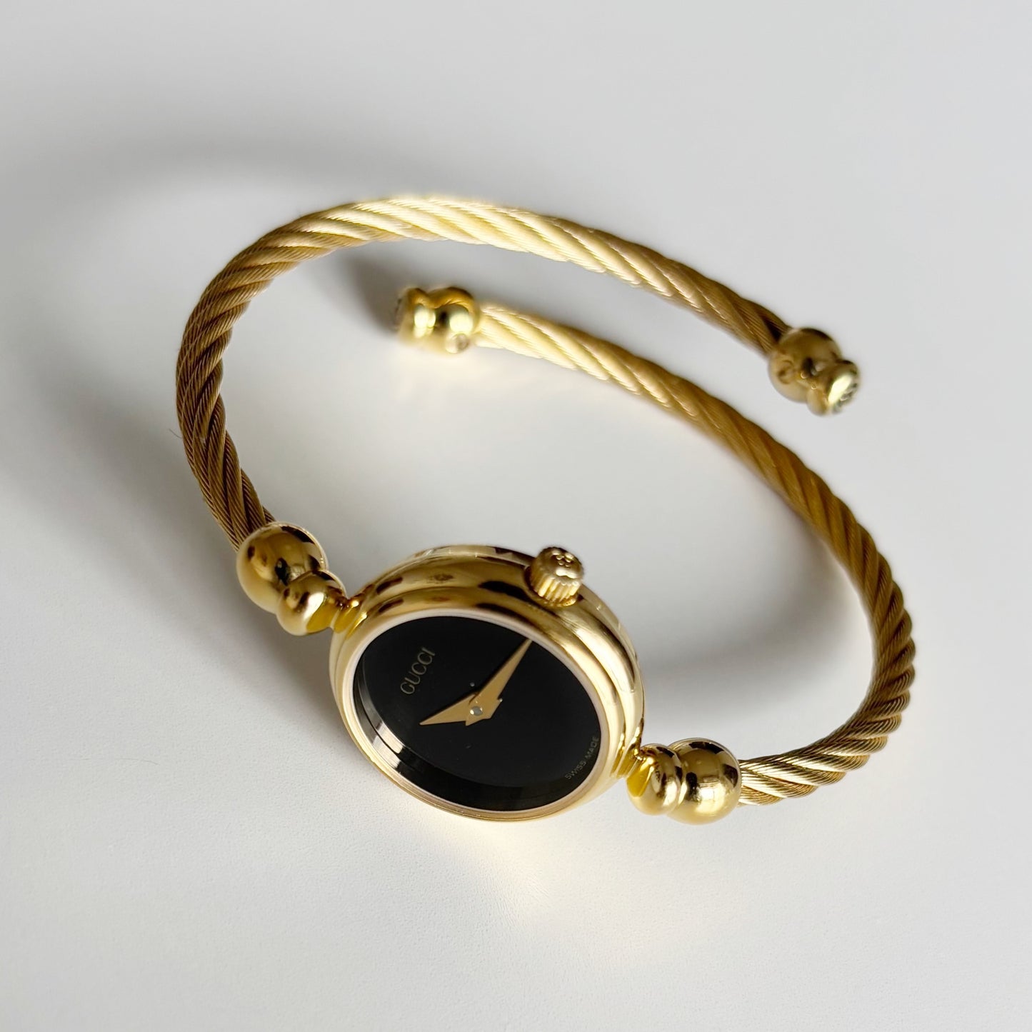 Gucci 1990s Black Dial Gold Plated Cable Bangle Watch
