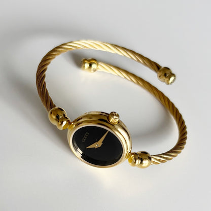 Gucci 1990s Black Dial Gold Plated Cable Bangle Watch