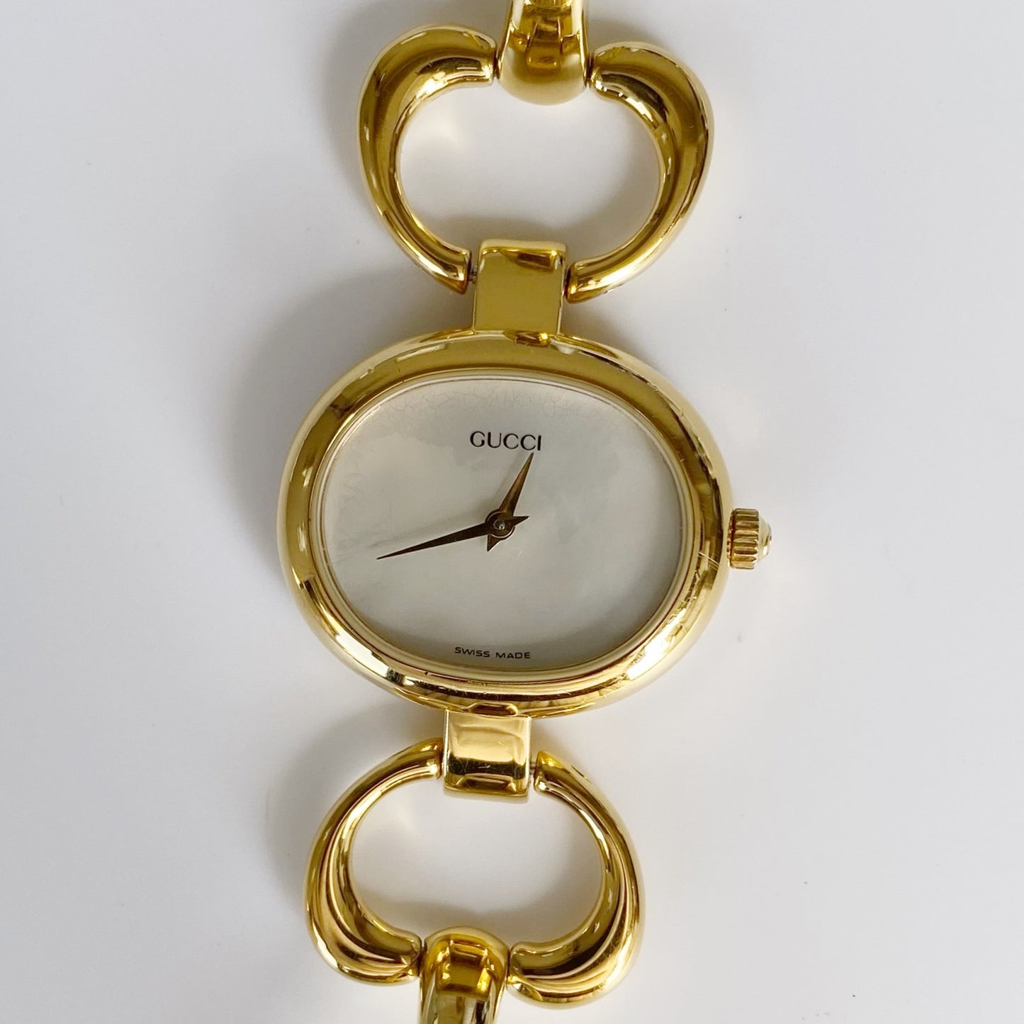 Gucci 1990s Seashell Dial Oval Gold Plated Bangle Watch