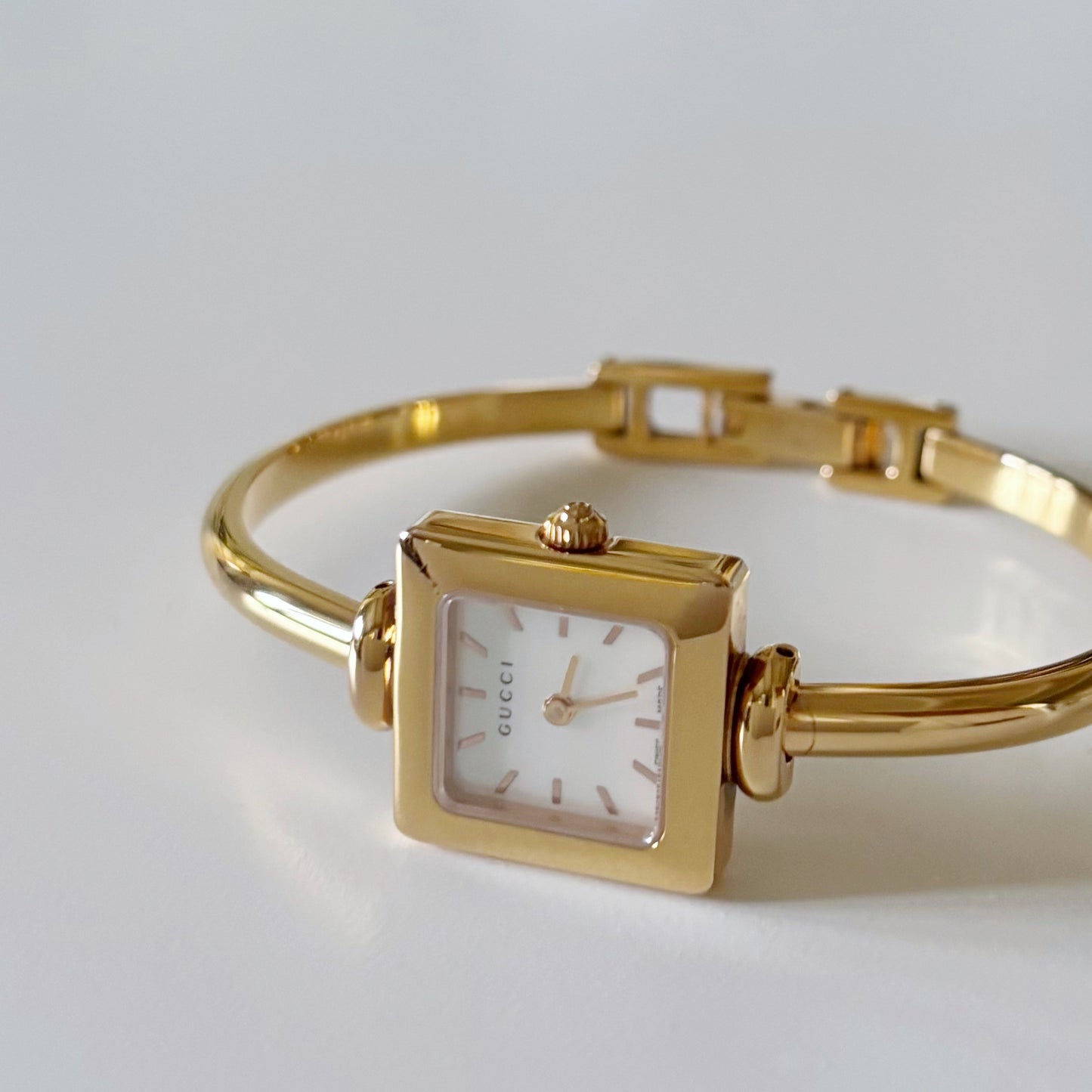 Gucci 1990s Seashell Dial Square Gold Plated Bangle Watch