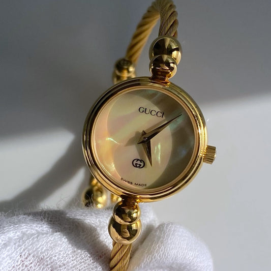 Gucci 1990s Seashell Dial Gold Plated Cable Bangle Watch