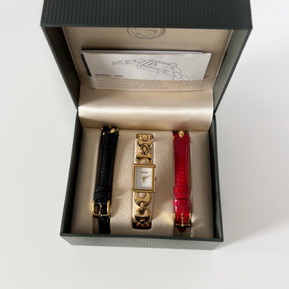 Gucci 1990s Interchangeable Strap Gold Plated Watch with 3 straps, case