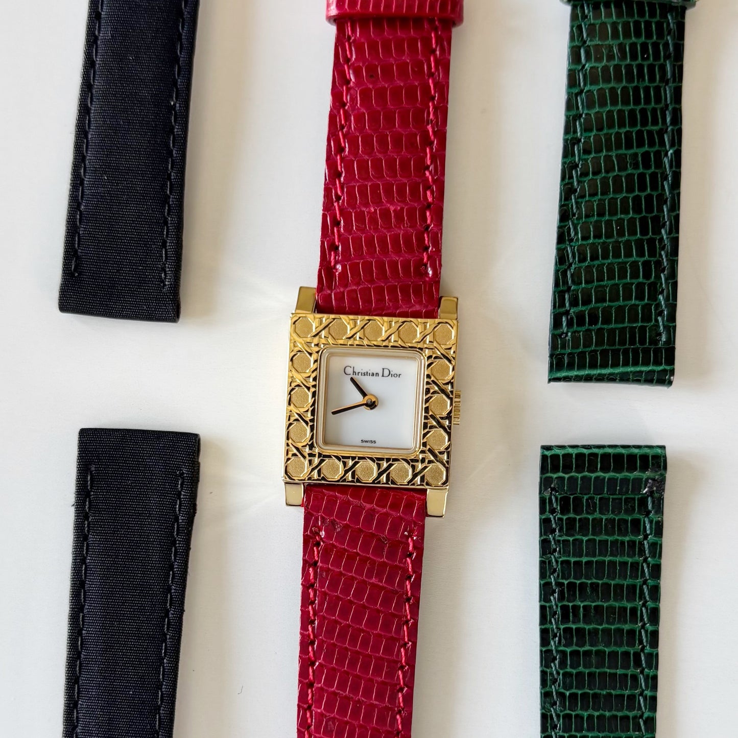Dior 1990s La Parisienne Interchangeable Strap Square Dial Gold Plated Watch with 3 straps, case