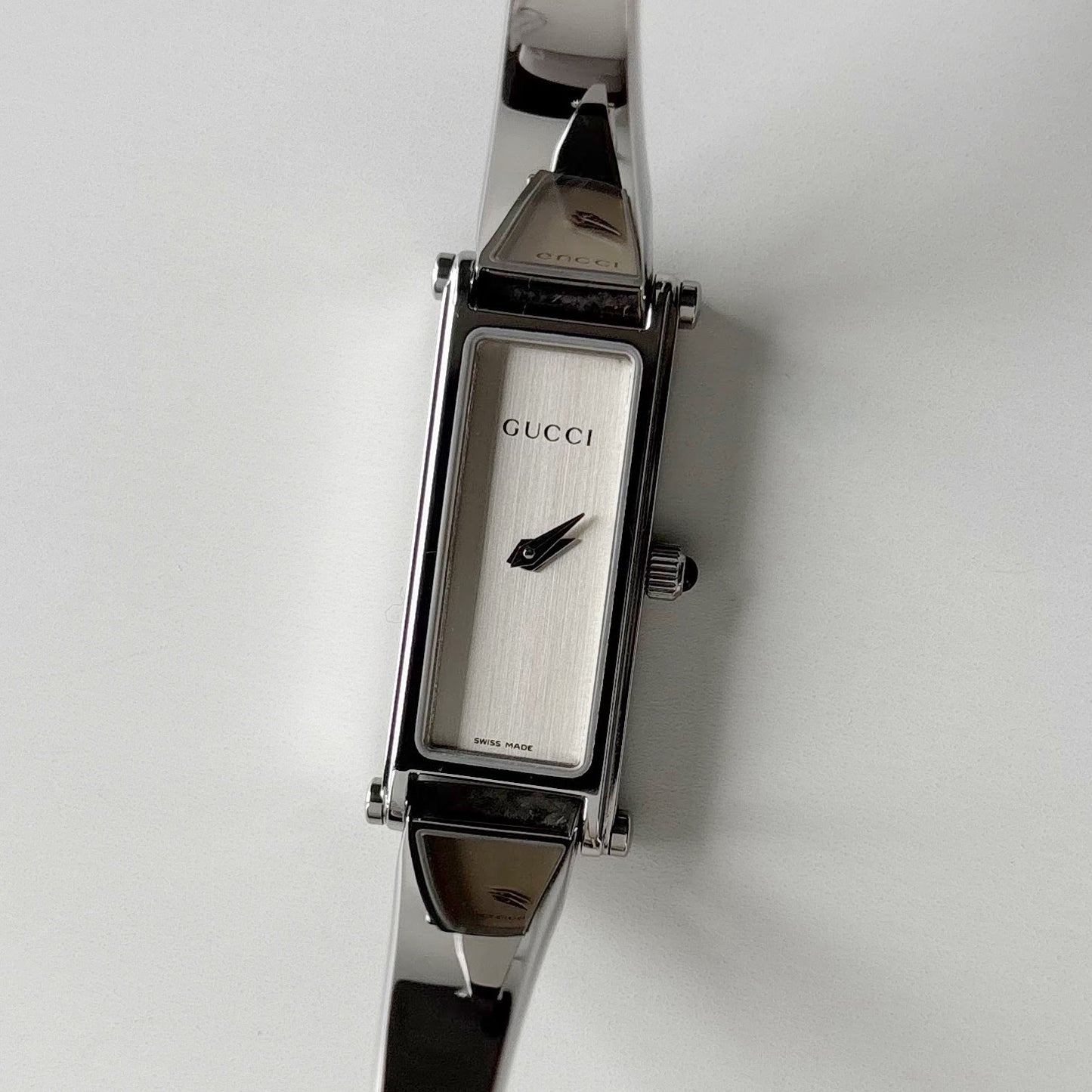Gucci 1990s Rectangular Dial Silver Bangle Watch