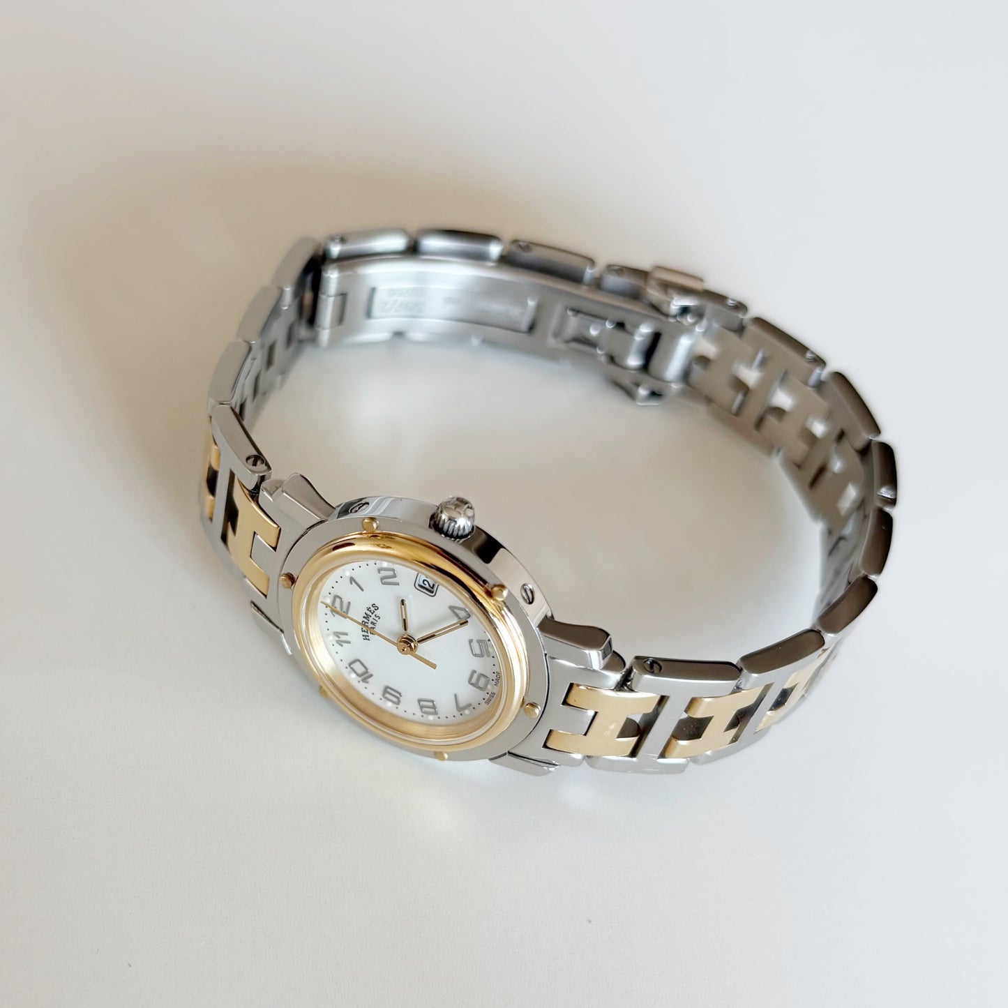 Hermes Early 2000s Clipper Seashell Dial Gold Plated Two Tone Watch