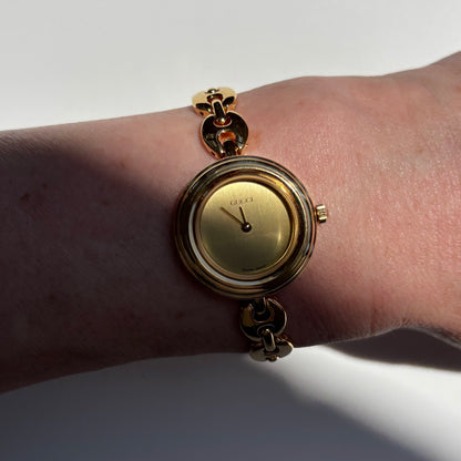 Gucci 1990s Interchangeable Bezel Gold Plated Rice Chain Watch with 6 bezels, case (170mm)
