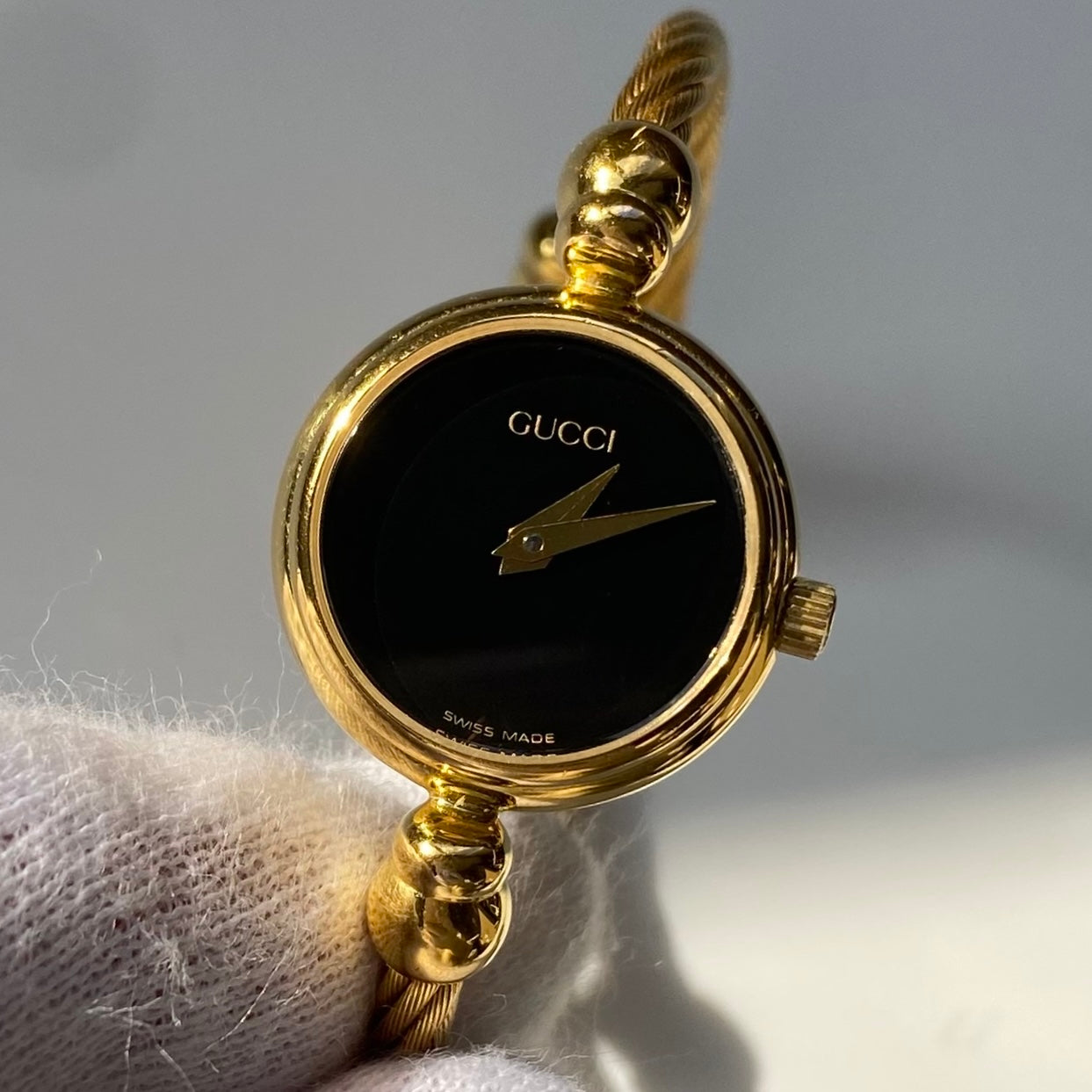 Gucci 1990s Black Dial Gold Plated Cable Bangle Watch