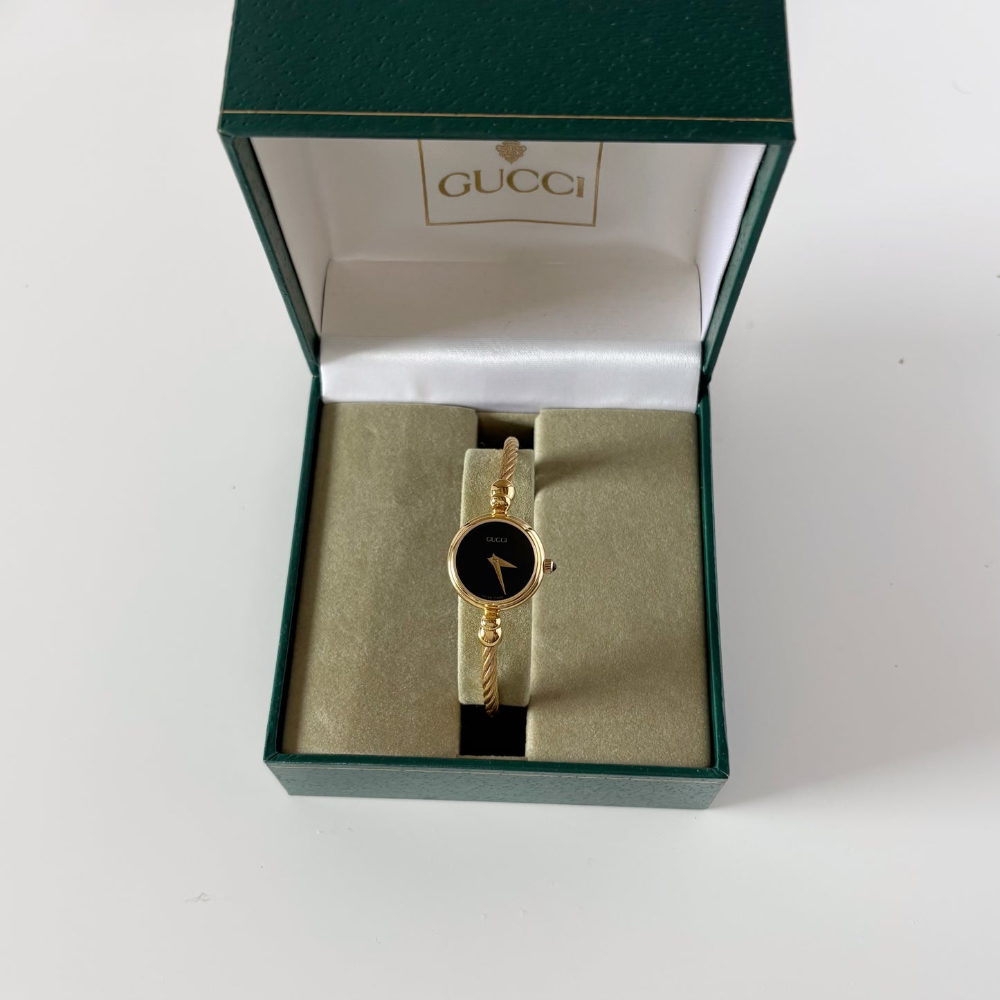 Gucci 1990s Black Dial Gold Plated Cable Bangle Watch