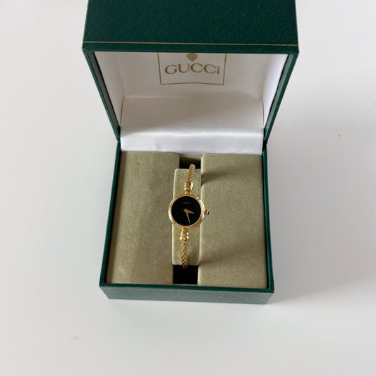 Gucci 1990s Black Dial Gold Plated Cable Bangle Watch