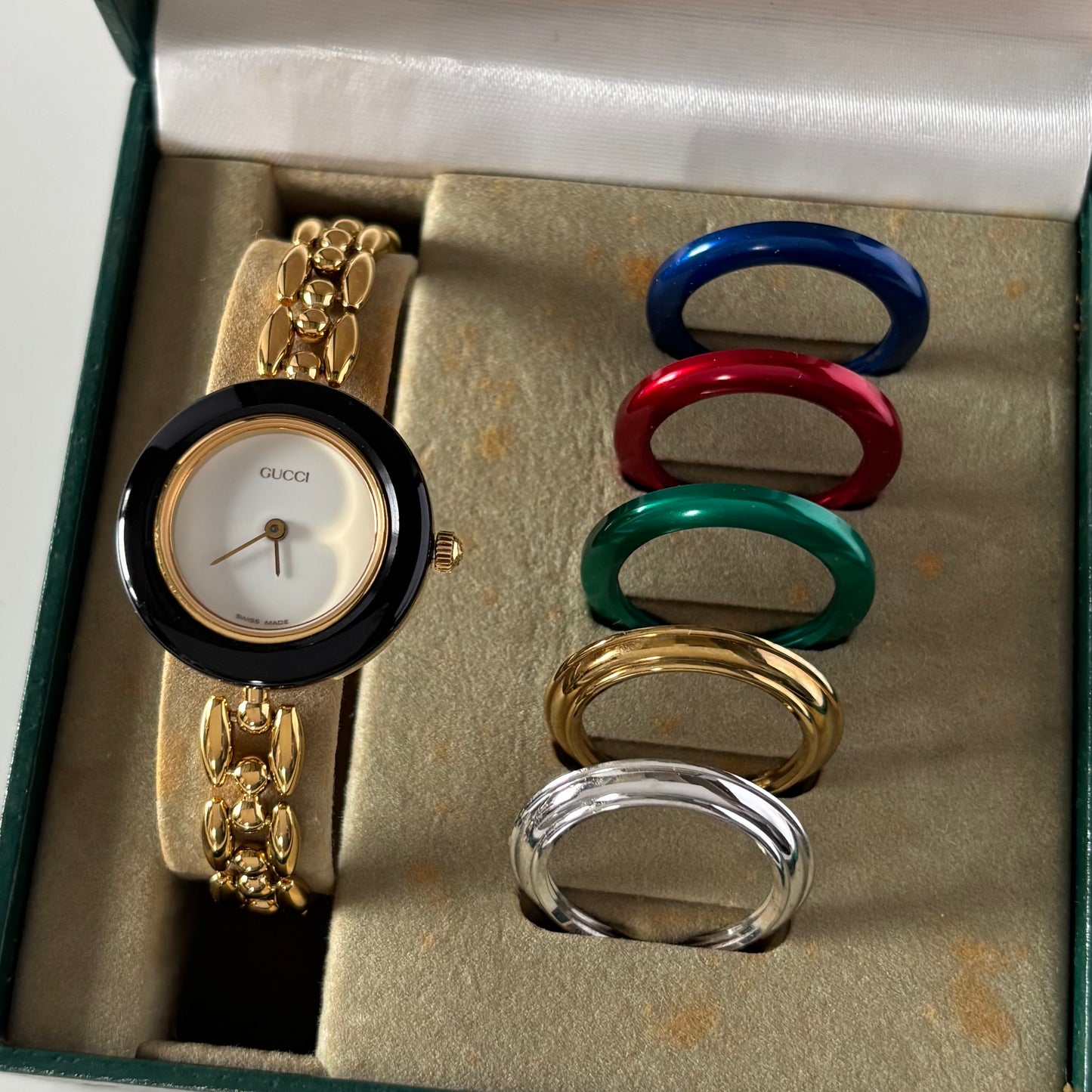 Gucci 1990s Interchangeable Bezel Gold Plated Rice Chain Watch with 6 bezels, case (160mm)