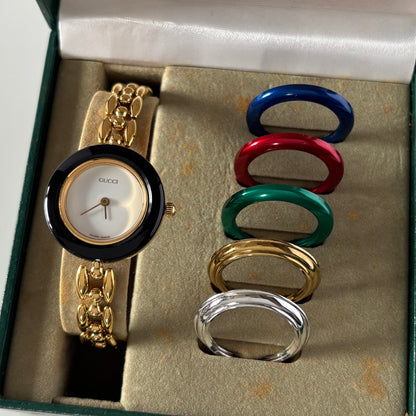 Gucci 1990s Interchangeable Bezel Gold Plated Rice Chain Watch with 6 bezels, case (160mm)