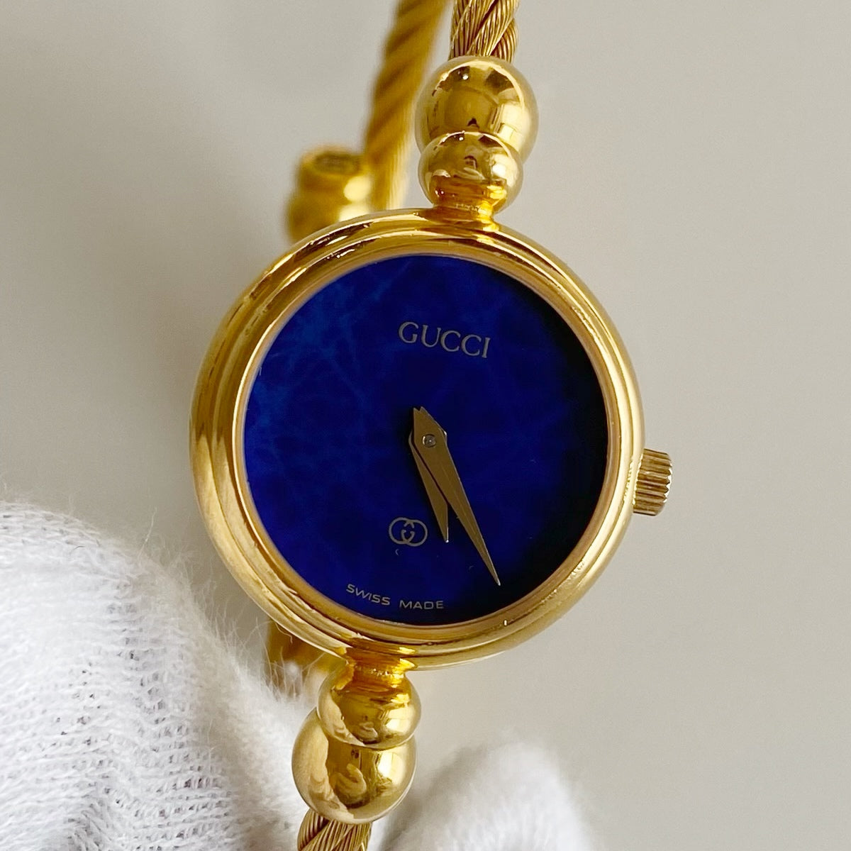 Gucci 1990s Blue Dial Gold Plated Cable Bangle Watch