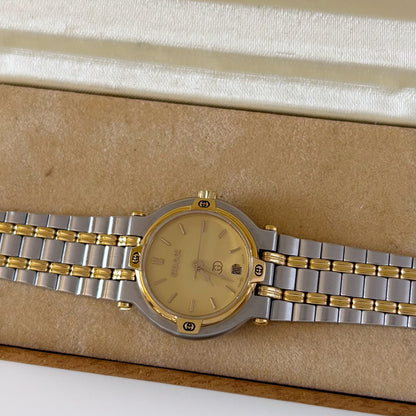 Gucci 1990s Date Round Dial Two Tone Gold Plated Watch
