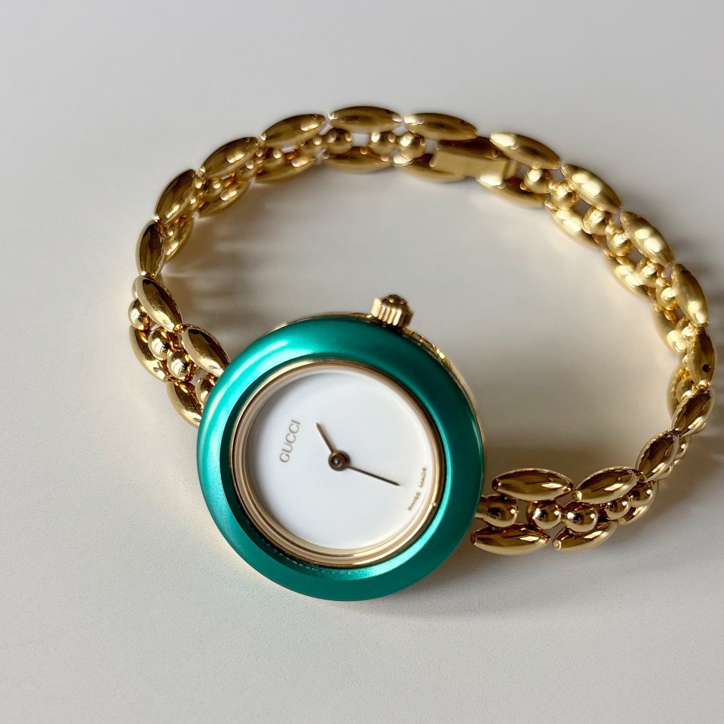 Gucci 1990s Interchangeable Bezel Gold Plated Rice Chain Watch with 6 bezels, case (166mm)