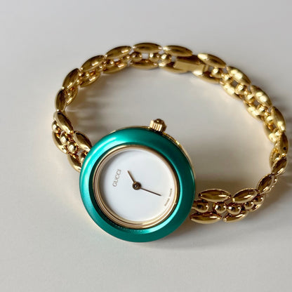 Gucci 1990s Interchangeable Bezel Gold Plated Rice Chain Watch with 6 bezels, case (166mm)