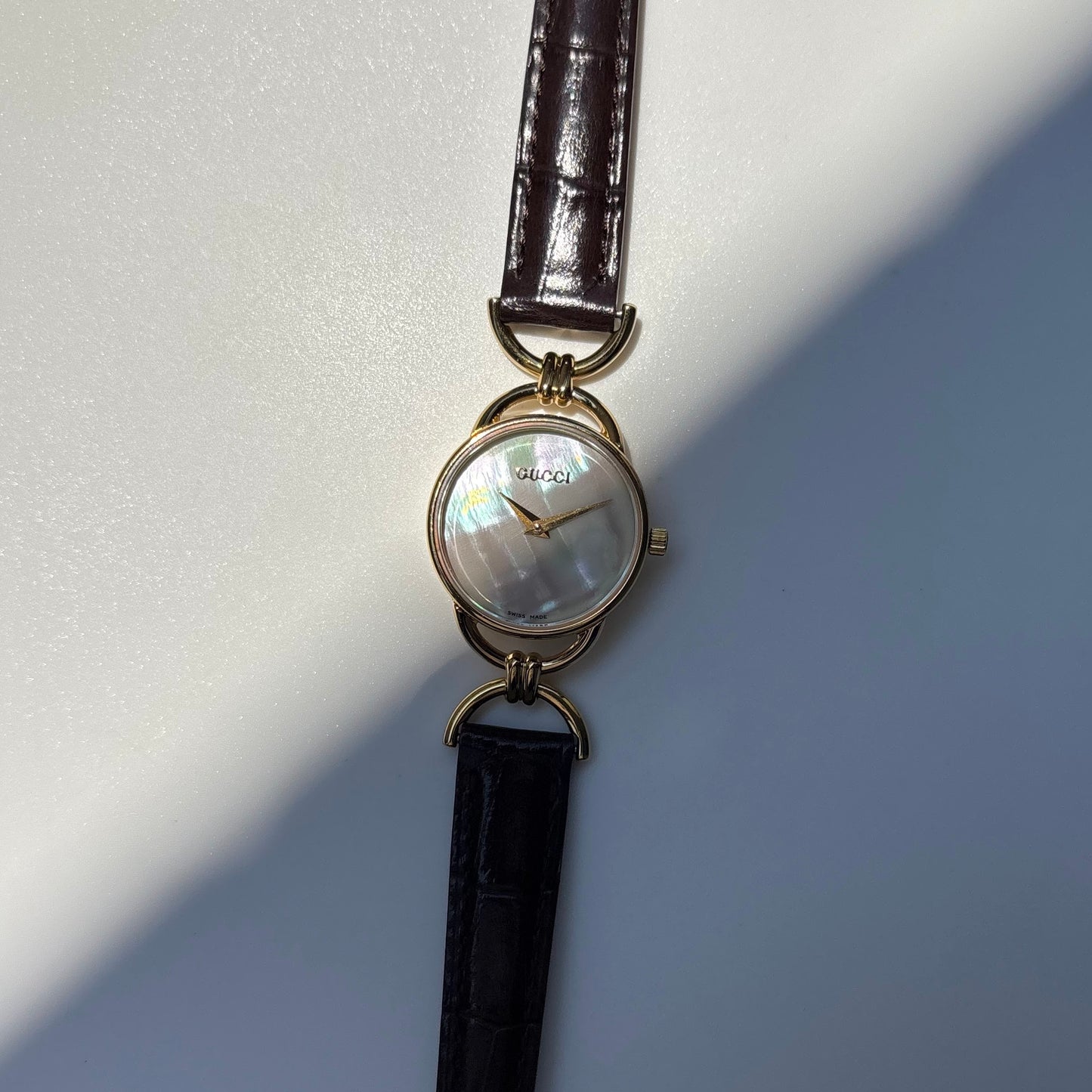 Gucci 1990s Seashell Dial Horsebit Gold Plated Watch