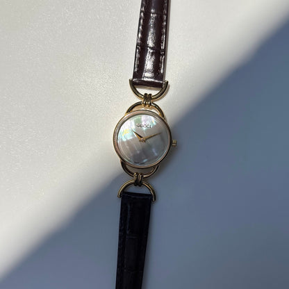 Gucci 1990s Seashell Dial Horsebit Gold Plated Watch