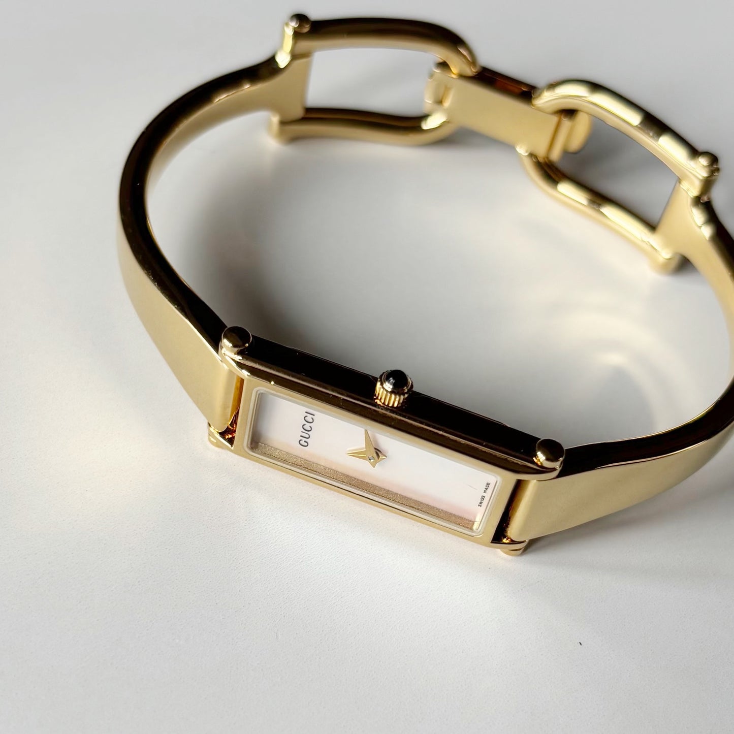 Gucci 1990s Seashell Rectangular Dial Gold Plated Bangle Watch