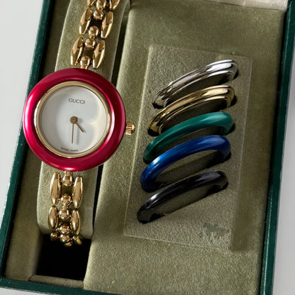 Gucci 1990s Interchangeable Bezel Gold Plated Watch with 6 bezels, case (165mm)