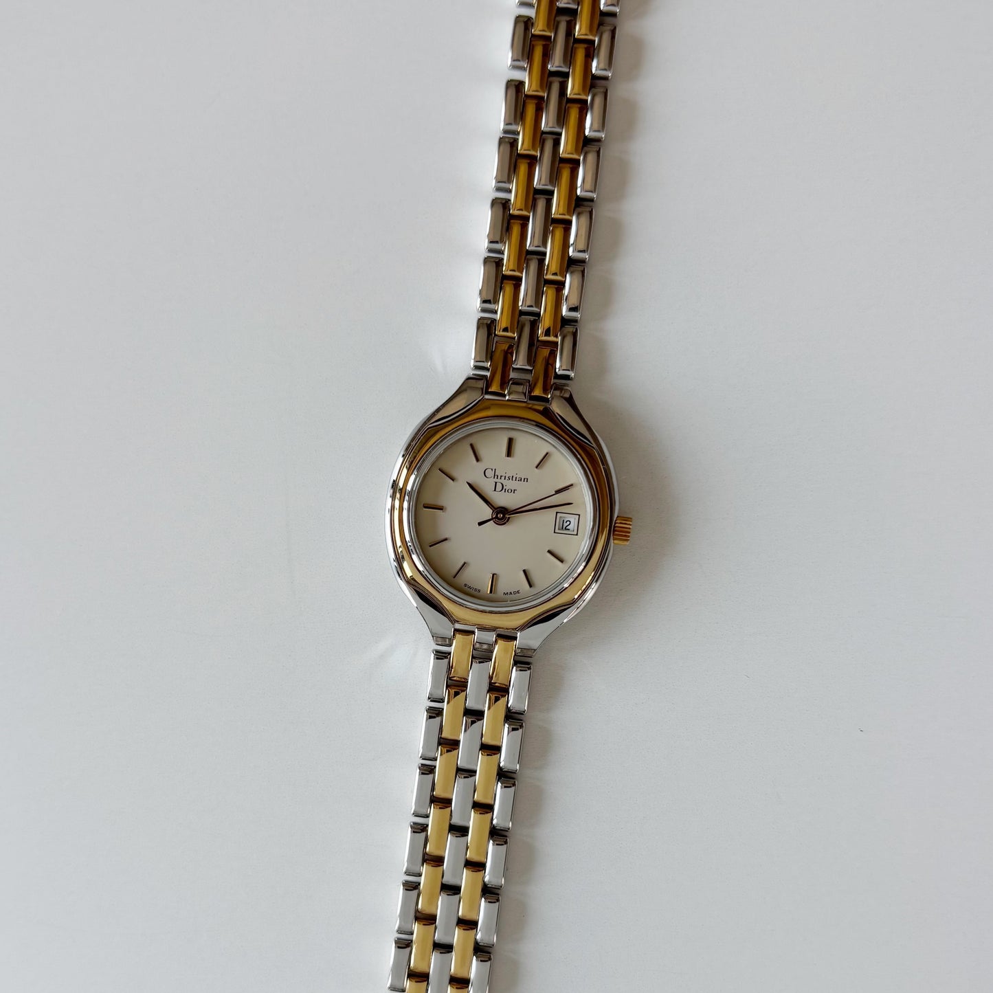 Dior 1990s Date Round Dial Two Tone Gold Plated Watch