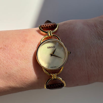 Gucci 1990s Seashell Dial Gold Plated Horsebit Watch