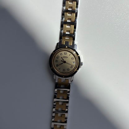 Hermes 1990s Clipper Date Round Dial Gold Plated Two Tone Watch