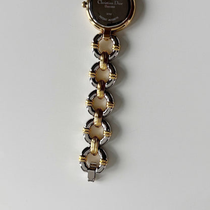 Dior 1990s Interchangeable Strap Round Dial Gold Plated Two Tone Watch with 3 straps, case