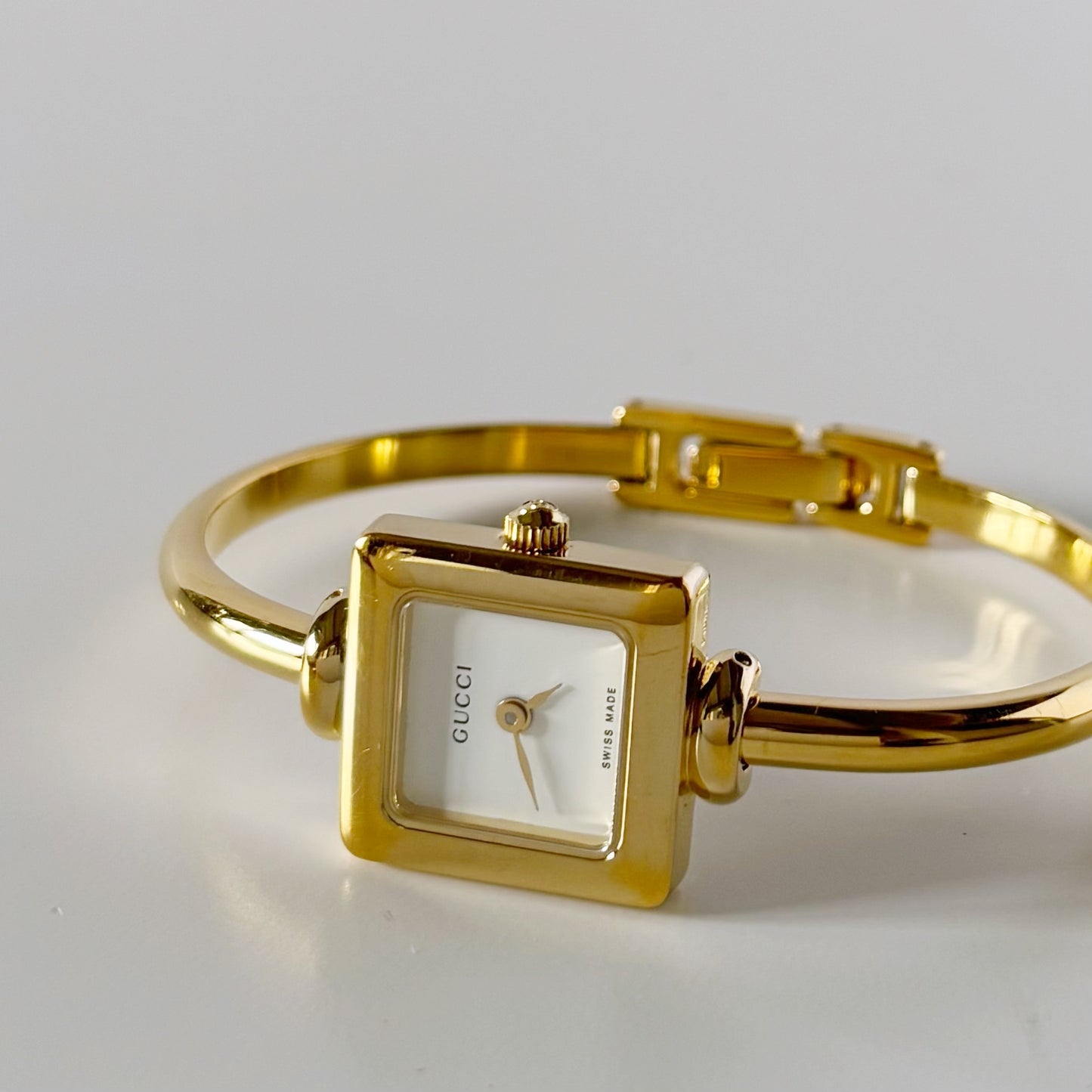 Gucci 1990s Square Dial Gold Plated Bangle Watch