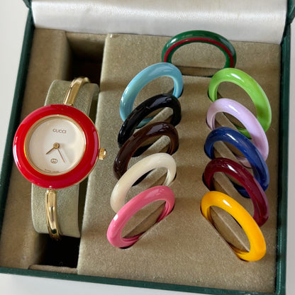 Gucci 1990s Interchangeable Bezel Gold Plated Bangle Watch with case, 12 bezels (Small)