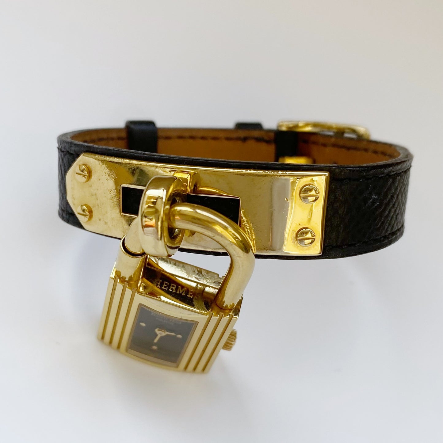 Hermes 1990s Kelly Black Dial Gold Plated Watch