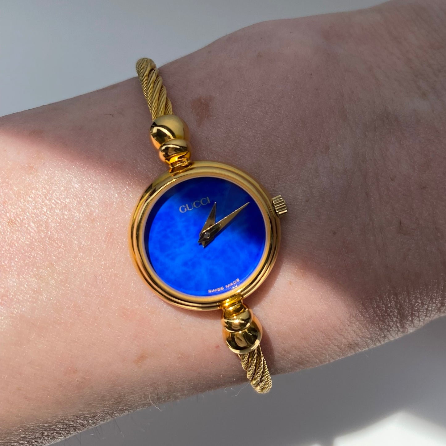 Gucci 1990s Blue Dial Gold Plated Cable Bangle Watch