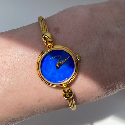 Gucci 1990s Blue Dial Gold Plated Cable Bangle Watch