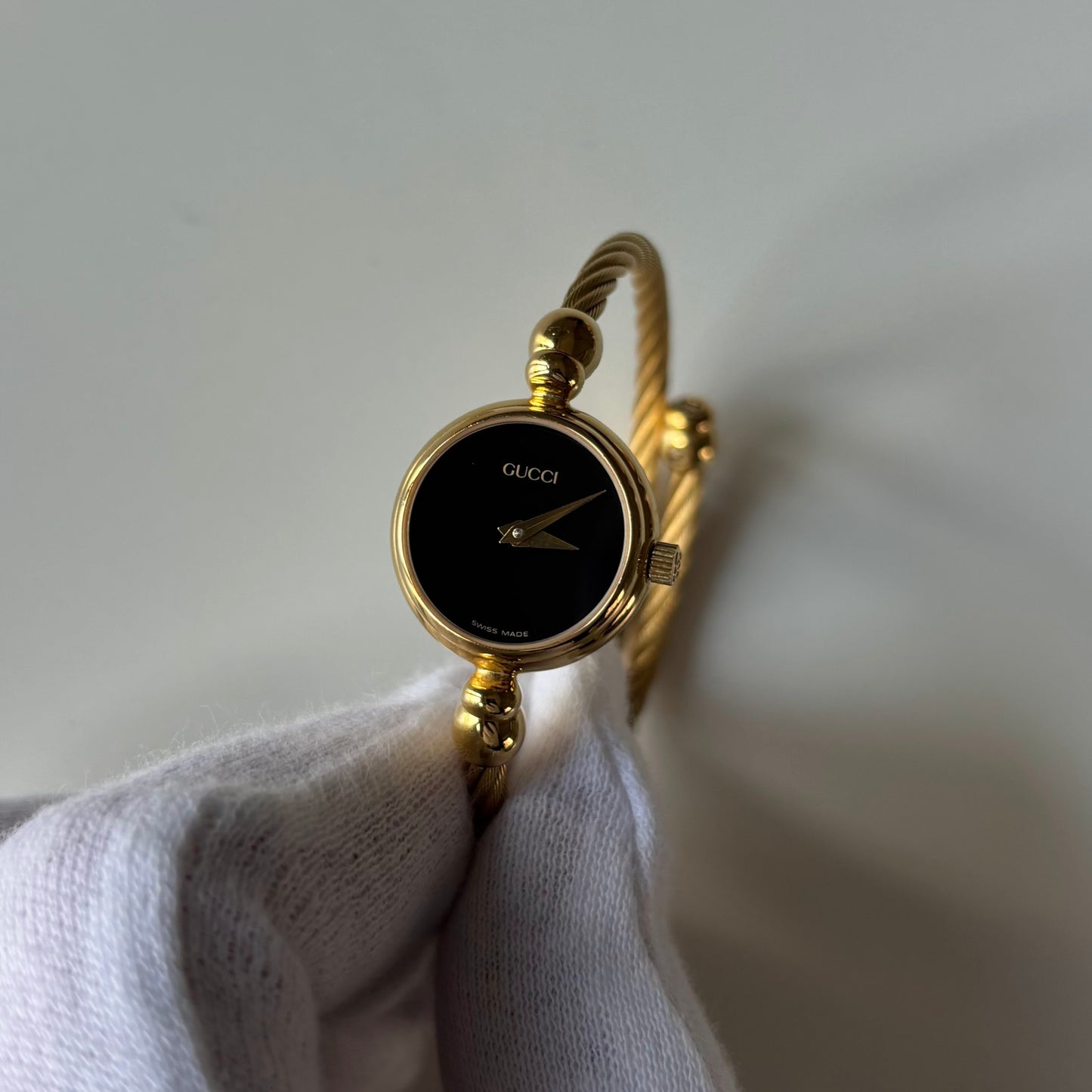 Gucci 1990s Black Dial Gold Plated Cable Bangle Watch