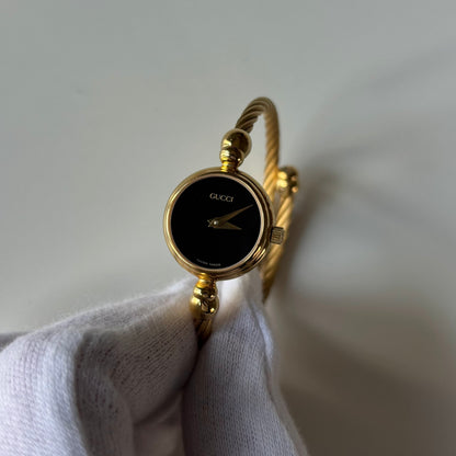 Gucci 1990s Black Dial Gold Plated Cable Bangle Watch