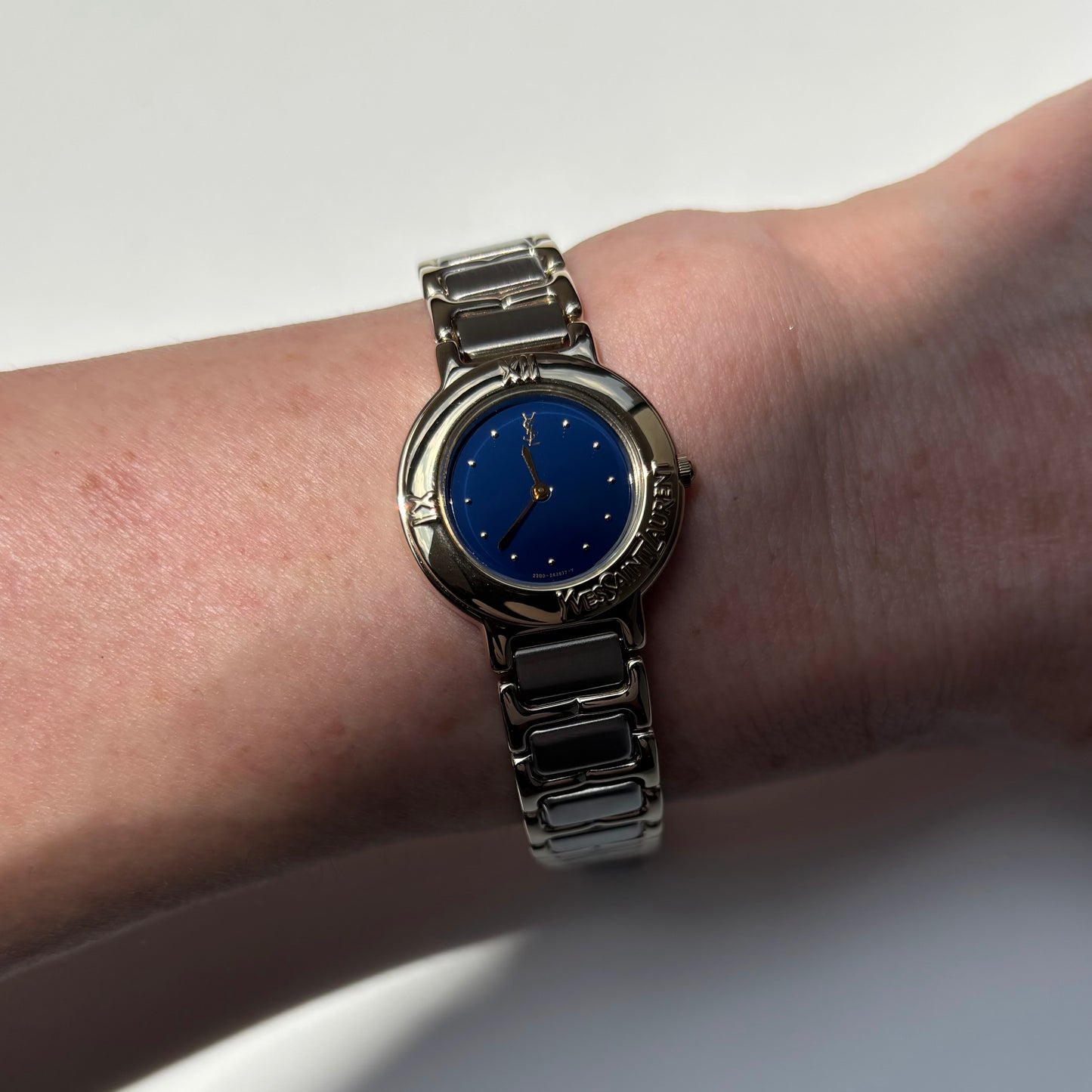 Yves Saint Laurent 1990s Navy Round Dial Two Tone Gold Plated Watch