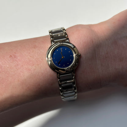 Yves Saint Laurent 1990s Navy Round Dial Two Tone Gold Plated Watch