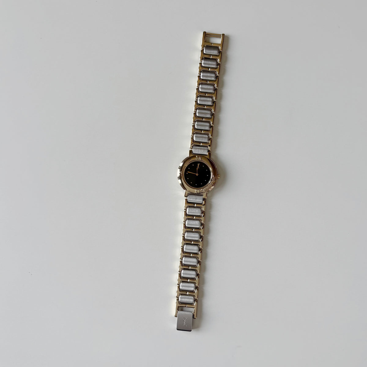 Yves Saint Laurent 1990s Black Round Dial Two Tone Gold Plated Watch