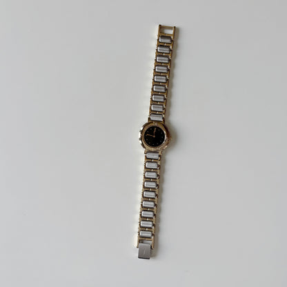 Yves Saint Laurent 1990s Black Round Dial Two Tone Gold Plated Watch