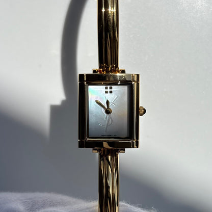 Yves Saint Laurent 1990s Seashell Dial Gold Plated Bangle Watch