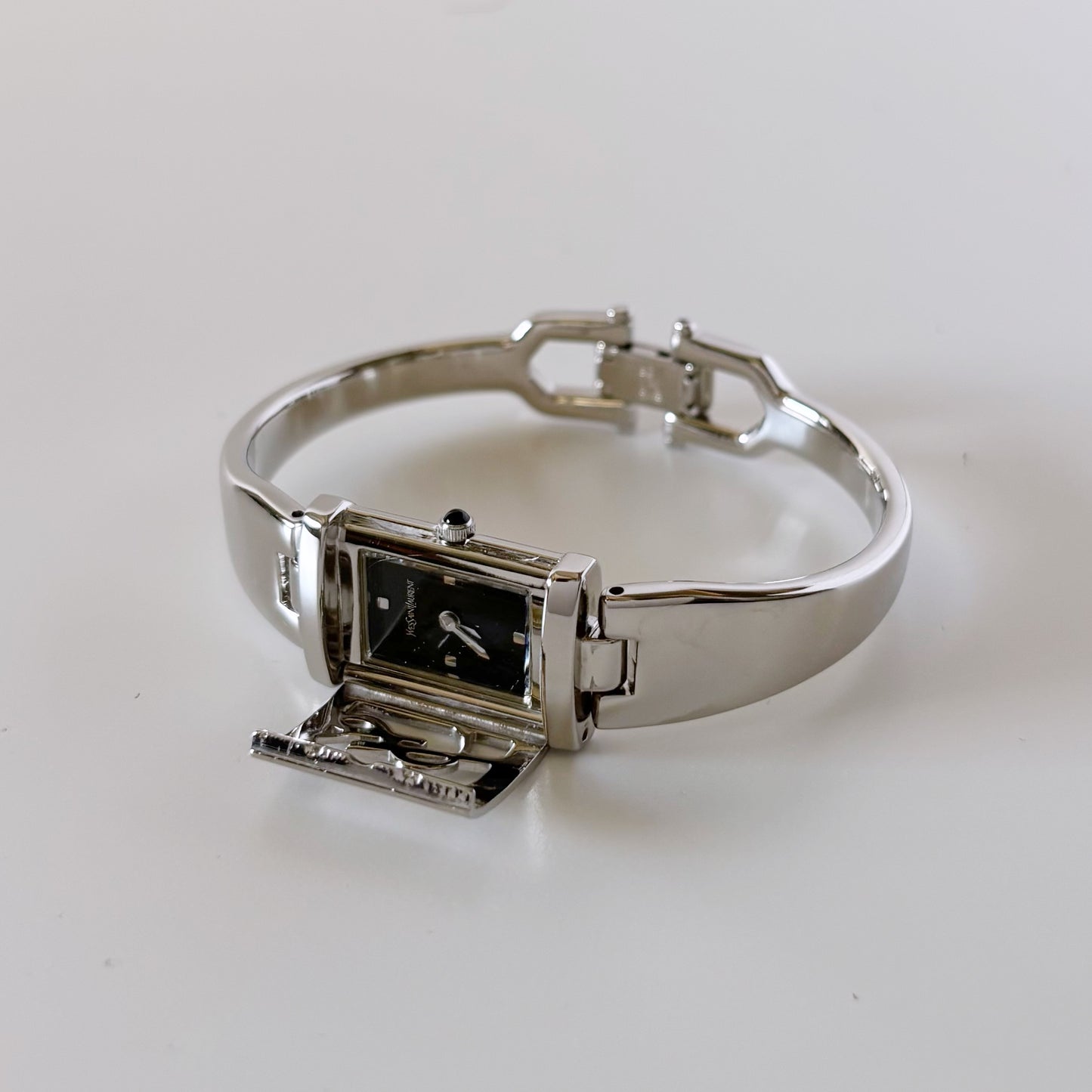 Yves Saint Laurent 1990s Black Dial Silver Bangle Watch