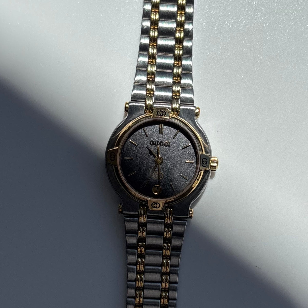 Gucci 1980s Date Round Dial Two Tone Gold Plated Watch