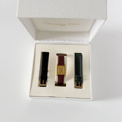 Dior 1990s La Parisienne Interchangeable Strap Gold Plated Watch with 3 straps, case