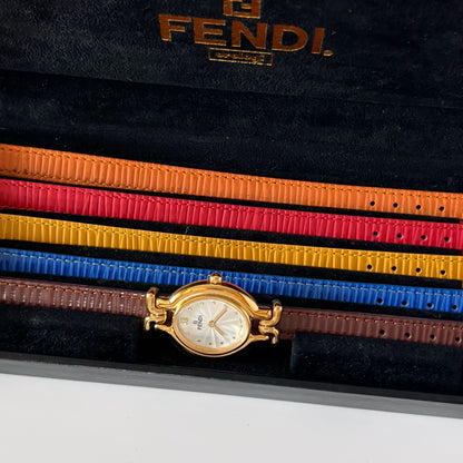 Fendi 1990s Interchangeable Strap Gold Plated Watch with 5 straps, case