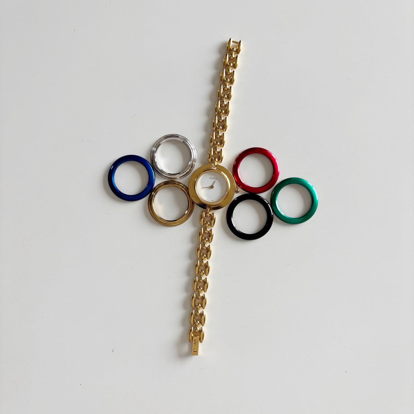 Gucci 1990s Interchangeable Bezel Gold Plated Rice Chain Watch with 6 bezels, case (160mm)