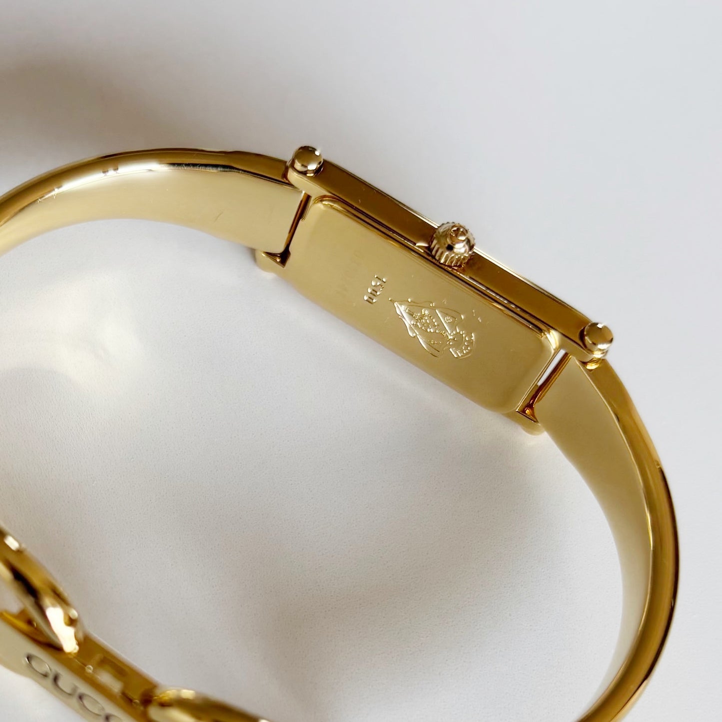 Gucci 1990s Seashell Rectangular Dial Gold Plated Bangle Watch